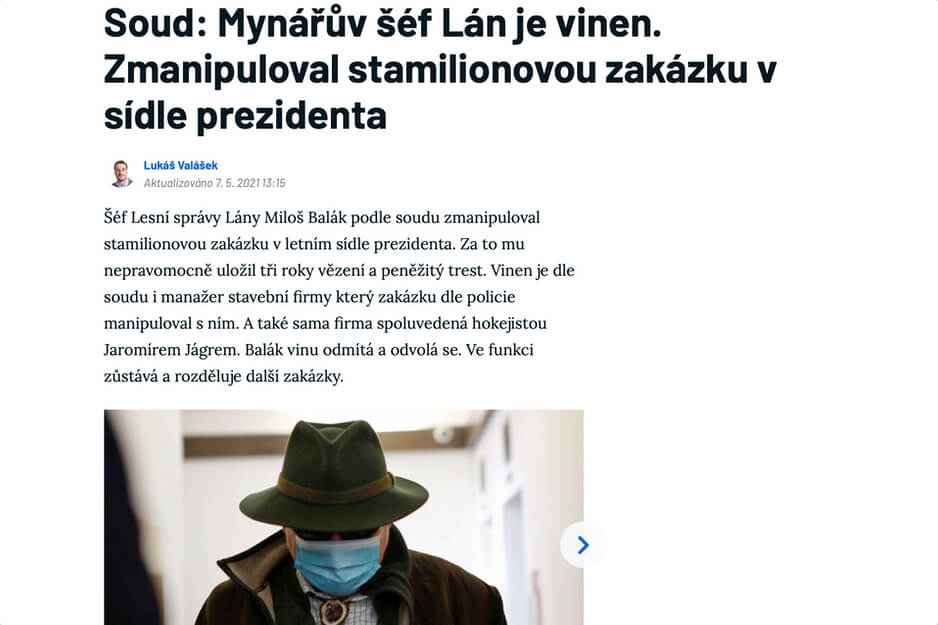 Aktuálně.cz: Soud: Mynářův šéf Lán je vinen. Zmanipuloval stamilionovou zakázku v sídle prezidenta