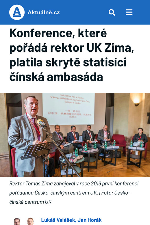 Aktuálně.cz: Konference, které pořádá rektor UK Zima, platila skrytě statisíci čínská ambasáda